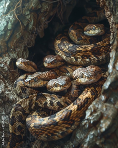 A group of snakes are curled up in a tree trunk