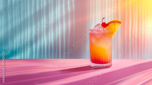 An exotic cocktail that evokes wild parties, summer, fun, and the beach, surrounded by a creative background with warm, vibrant colors in the spirit of good times.