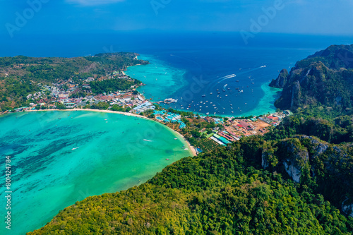 Aerial view Phi Phi island with turquoise clear water, travel photo Thailand by drone