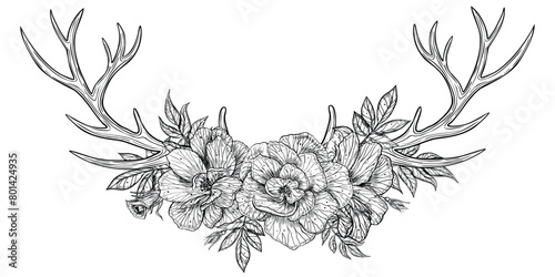 Vector deer Horns with rose flowers. Hand drawn floral linear illustration of Antlers and plants for greeting cards or invitations in boho style. Bohemian drawing with tribal sign in outline style.