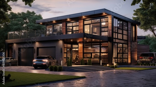 Luxury and modern new house or villa in industrial style design with sport car in the parking area.