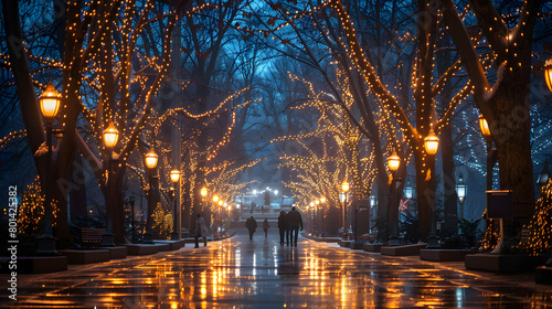 Twilight Stroll in a Winter Park.Reflective Wet Pathway Lined by Trees and Lampposts, Tranquil Blue Lights Illuminate the Night