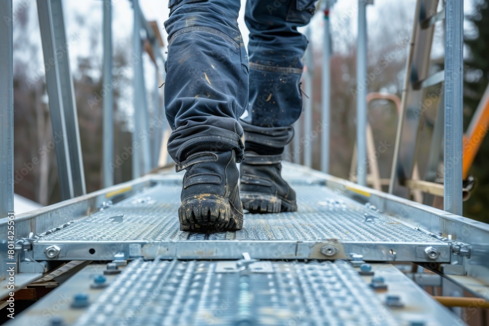 Close up of worker walking on metal platform at construction site Close up of worker walking on metal platform at construction site