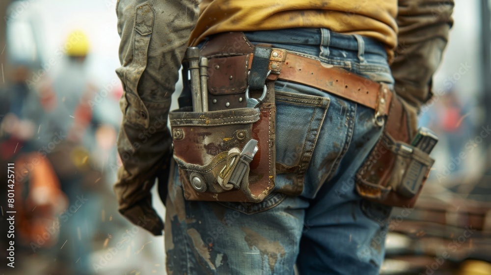 Worker Wearing Tool Belt at Construction Site Worker Wearing Tool Belt at Construction Site