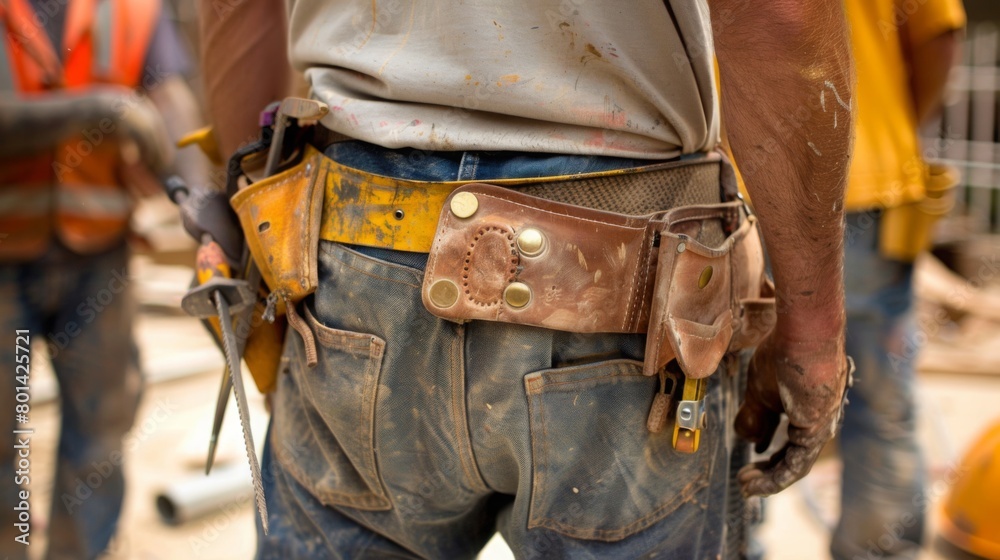 Worker Wearing Tool Belt at Construction Site Worker Wearing Tool Belt at Construction Site