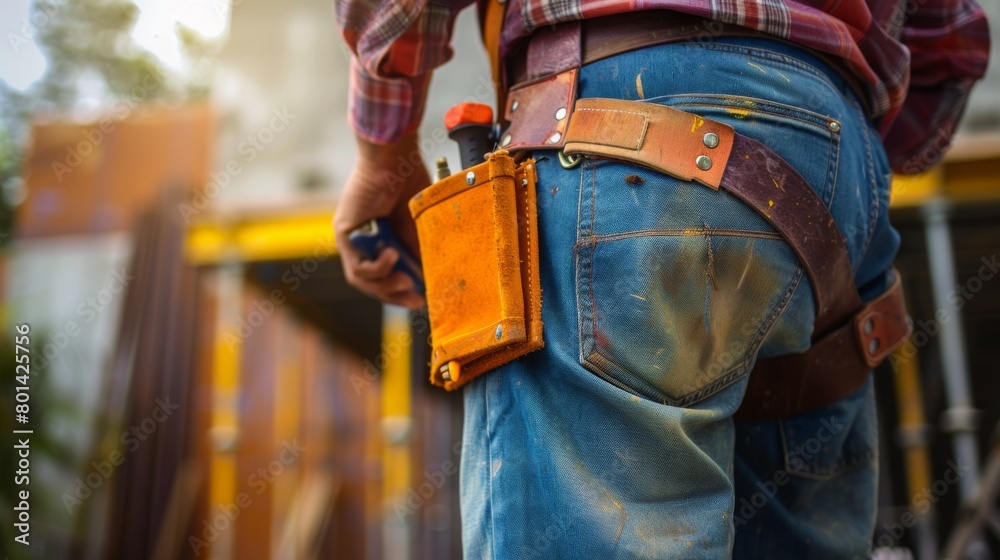 Worker Wearing Tool Belt at Construction Site Worker Wearing Tool Belt at Construction Site