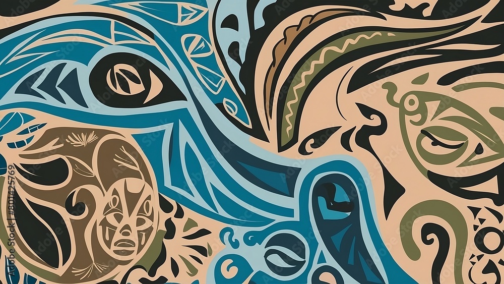 Abstract background with a mix of New Zealand Maori Art and Mexican Pre-Columbian Art, blue, dark green and beige colors. Abstract background with a mix of New Zealand Maori Art and Mexican Pre-Columbian Art, blue, dark green and beige colors.
