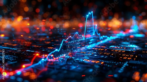 An abstract financial display featuring a blue heartbeat monitor line that escalates into a sharp upward spike, transforming into a digital arrow amidst a sea of stock market numbers photo