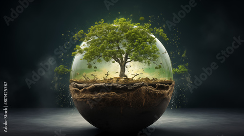 Eco Preservation: Majestic Tree Thriving Inside a Transparent Globe Representing Sustainable Environmental Care photo