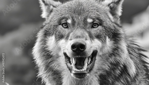 greyscale closeup shot of an angry wolf with a blurred background