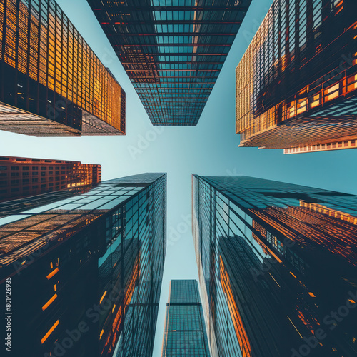 View from below captures the towering presence of modern office skyscrapers in a bustling city's financial district. AI generative