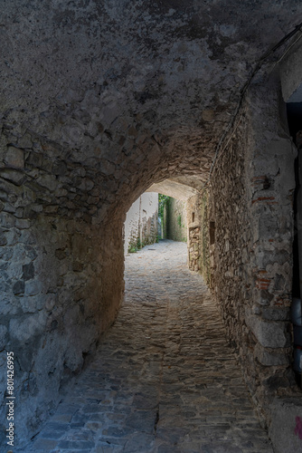 Sauve  France - 04 16 2024  Panoramic View of a typical white Occitan stone passage of the Village on the hill .