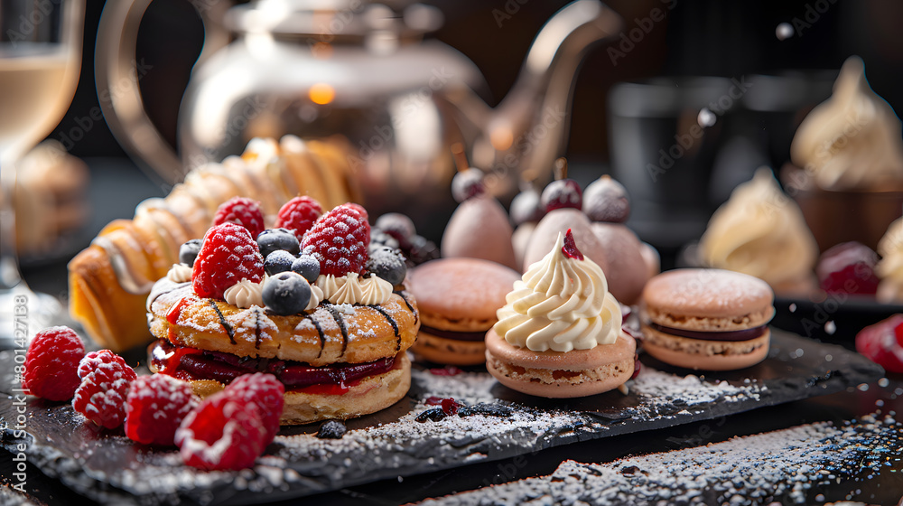 Gourmet Mille-Feuille with Raspberries and Blackberries. Almond Macarons, Star Anise, and Pastry Cream on a Luxurious Dark Backdrop