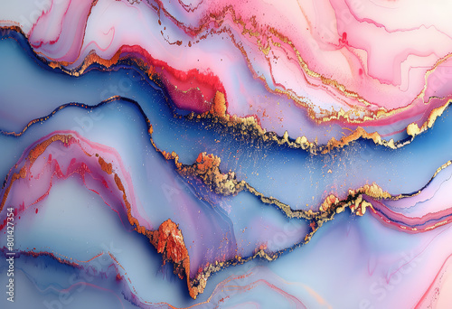 Abstract background with swirling marble patterns in pink, blue and gold colors. Created with Ai