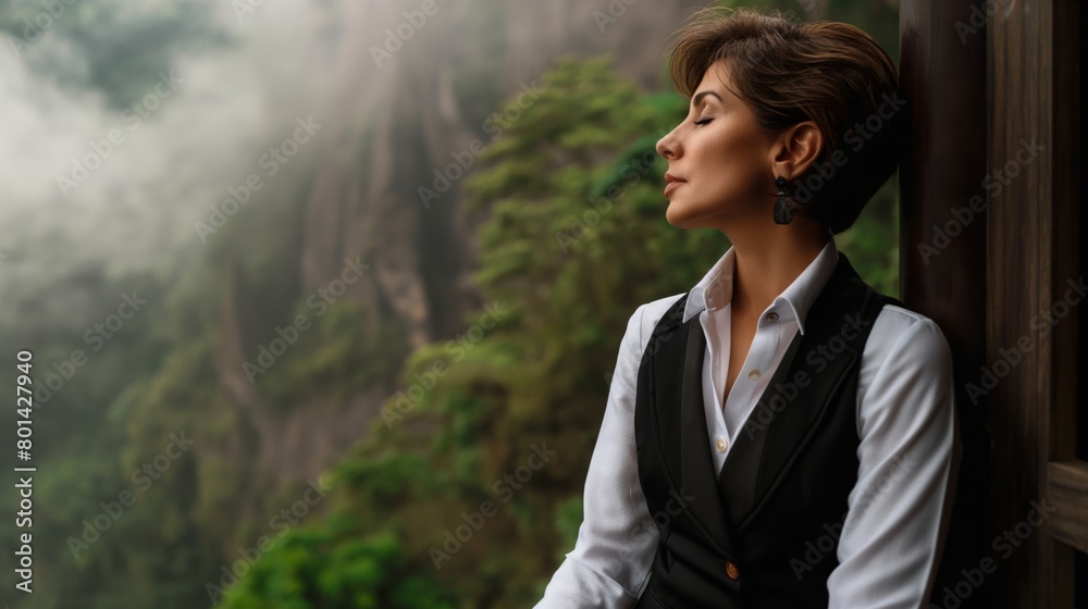 Female businesswoman on a luxury resort, tropical plants in the background. An outdoor fashion portrait, embodying leisure and workation Female businesswoman on a luxury resort, tropical plants in the background. An outdoor fashion portrait, embodying leisure and workation