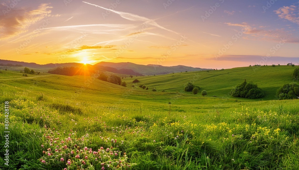 golden sunrise over rolling green fields beautiful rural panorama with green grass and wildflowers
