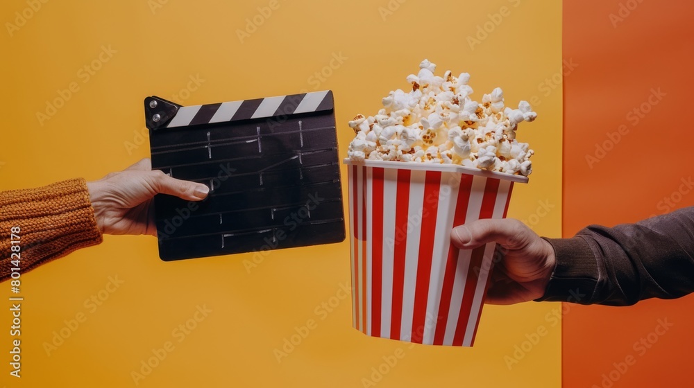 Hands Holding Clapboard and Popcorn