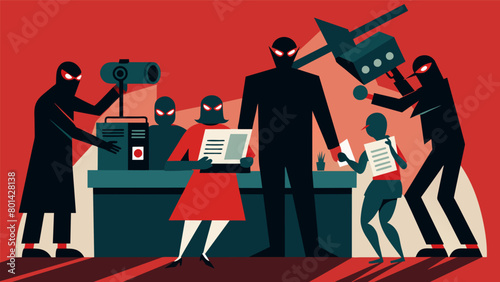 The shadowy figures operating the press seem almost robotic their movements precise and calculated as they manipulate the news to instill fear in.