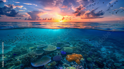 Clear blue underwater with colorful reef below  sunset sky with birds above  warm tones  horizon line view