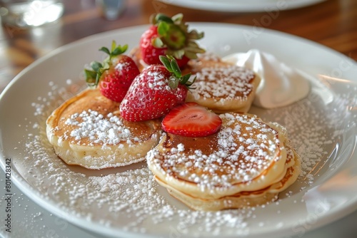 Small pancakes with strawberries and powdered sugar