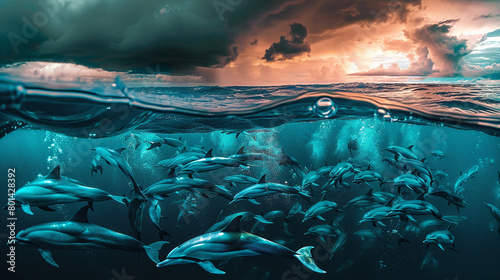 Half below water showing a school of dolphins, half above with a stormy sky, dramatic lighting, wide lens