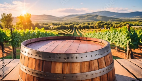 a brown wooden barrel made of hardwood sits atop a circular wooden table at a winery the natural material blends into the warm temperature showcasing tints and shades of wood stain
