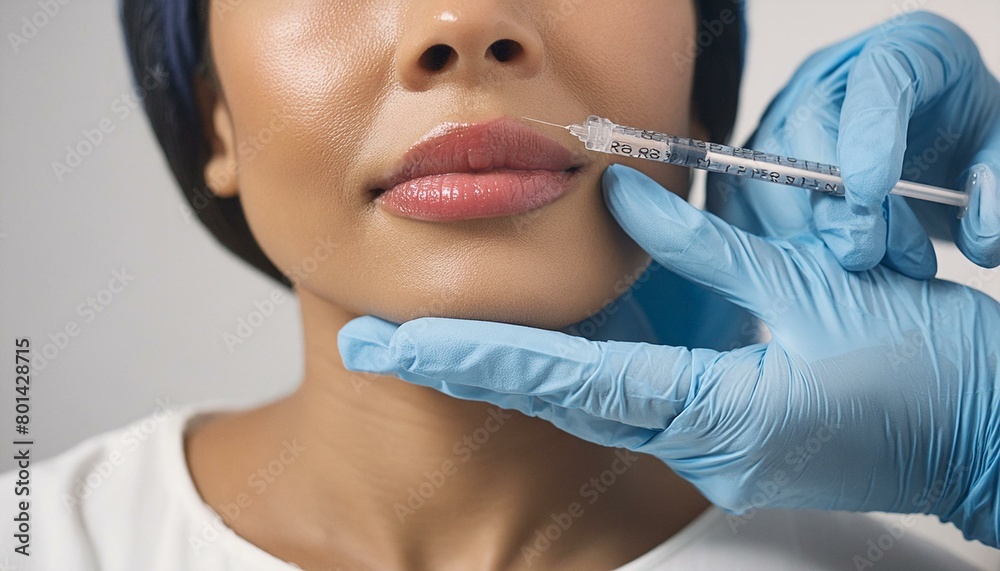 woman's lips. A surgeon wearing medical gloves carefully and slowly injects hyaluronic acid woman's lips. A surgeon wearing medical gloves carefully and slowly injects hyaluronic acid