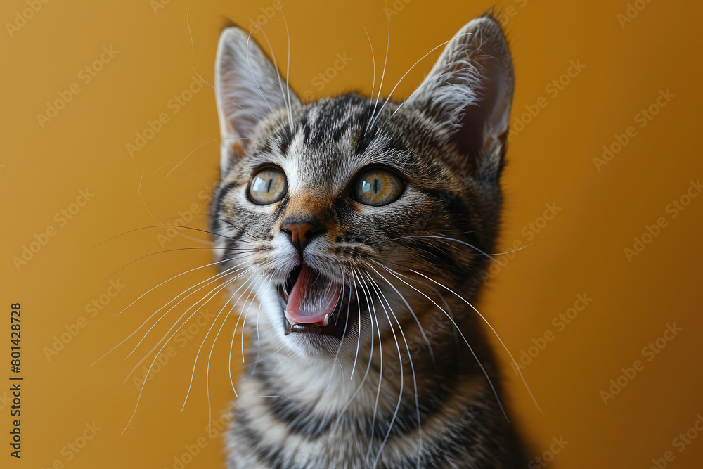 A happy and excited kitten with its mouth open, looking at the camera on an orange background with blurred lights. Created with Ai