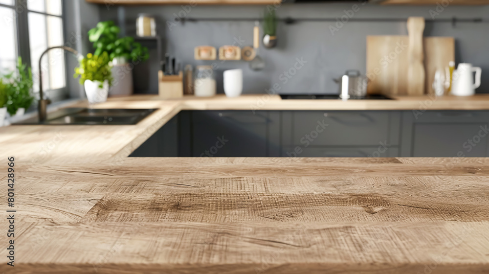 Close-up of an empty wooden kitchen counter with food prep space, against a gray kitchen backdrop, emphasizing texture and craftsmanship. Stage showcase template for promotional items, banner