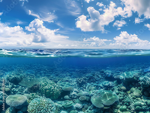 Underwater coral garden below, expansive blue sky with fluffy clouds above, serene, midday, horizontal split