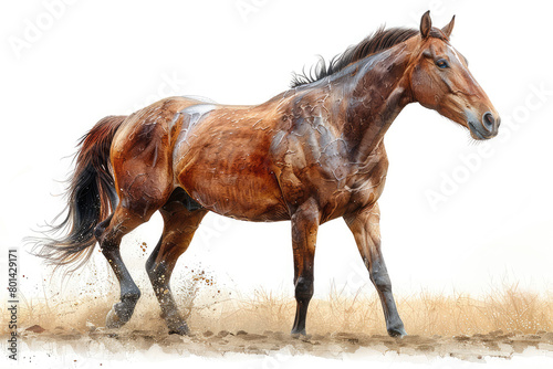 Beautiful brown horse  side view of its full body  white background  in the style of watercolor. Created with Ai