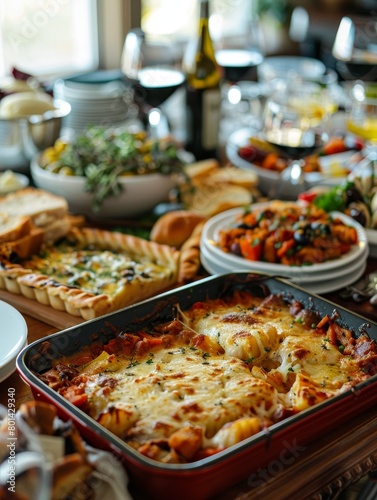 A table full of food, including a red casserole dish with cheese