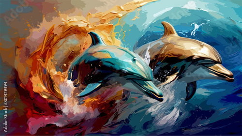 High Detailed Full Color Vector - Modern Abstract Art of Two Dolphins Diving Through Paint Splash Waves in Colorful 3D Effect