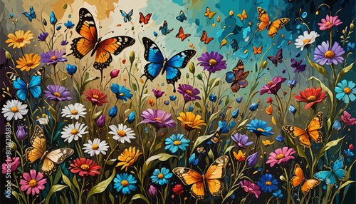 Vibrantly colorful, lush floral and intricate illustrated artwork of graceful, realistic jewel-toned butterflies in a kaleidoscopic, dreamily floral setting.