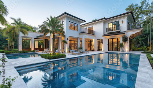 A modern villa with large glass windows  white exterior walls and lush greenery around it. The scene is bathed in warm golden light from the sunset outside. Created with Ai