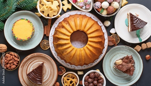 variety of christmas holiday desserts and sweets above view table scene over a transparent background bundt cake chocolate pie mincemeat tarts cookies fudge photo