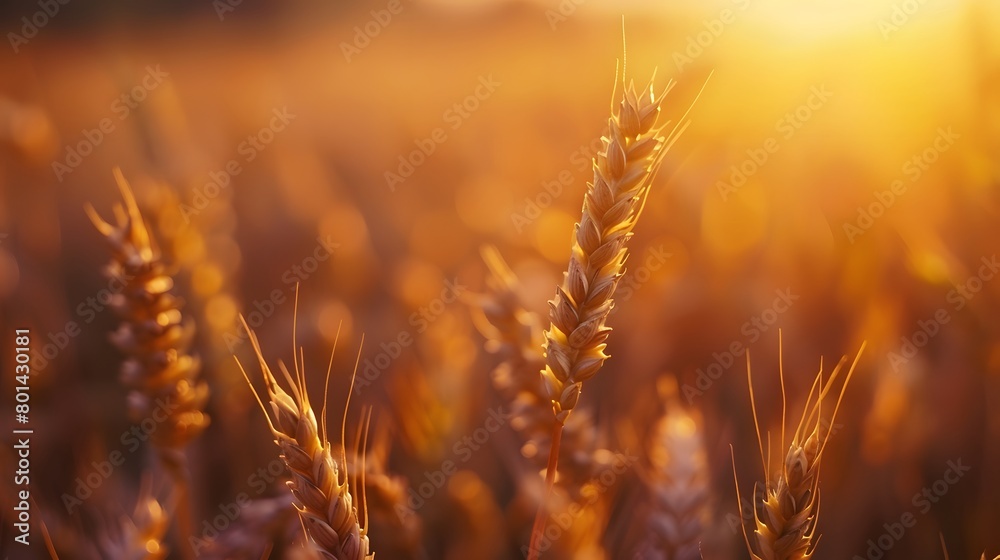 Obraz premium Close up of golden wheat grain in sunny field