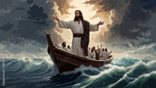 High Detailed Full Color Vector - Image portraying the miracle of Jesus stilling the stormy sea waters around the boat, You of little faith, why are you so afraid? photo