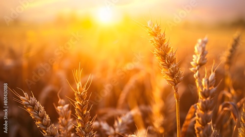 Close up of golden wheat grain in sunny field photo
