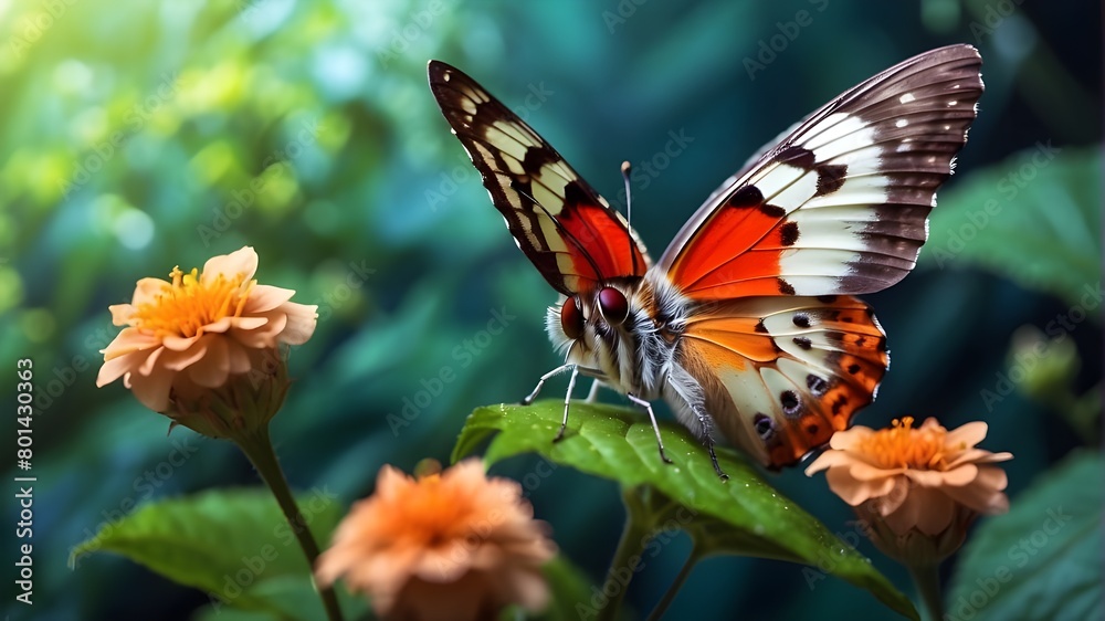 a butterfly on a flower in close-up. A gorgeous creature in its natural environment, a huge butterfly perched atop verdant leaves. Banner, artwork for notebooks and albums a butterfly on a flower in close-up. A gorgeous creature in its natural environment, a huge butterfly perched atop verdant leaves. Banner, artwork for notebooks and albums