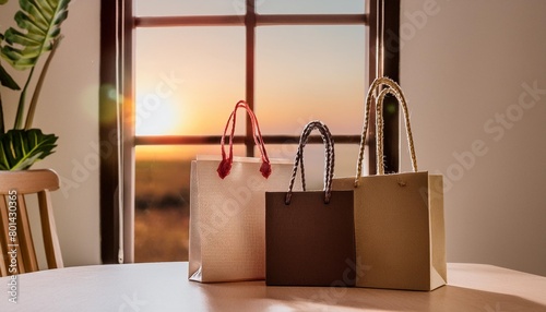 ai generated illustration of three bags placed next to a window on a tabletop photo