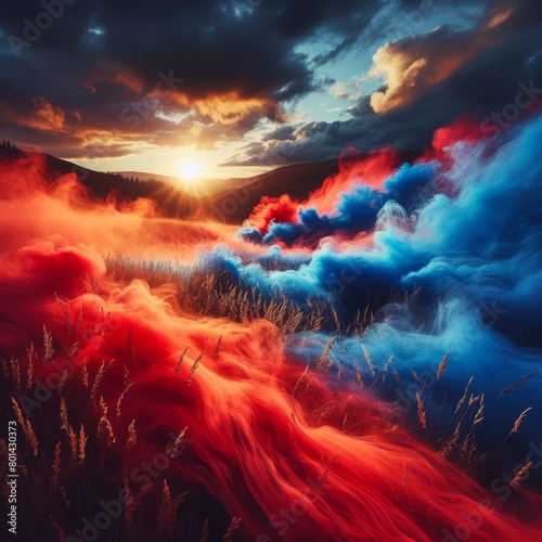 Colorful sunset over the meadow in the Carpathian mountains