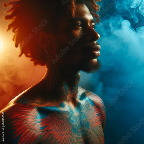 Tattooed african american man with dreadlocks against blue background