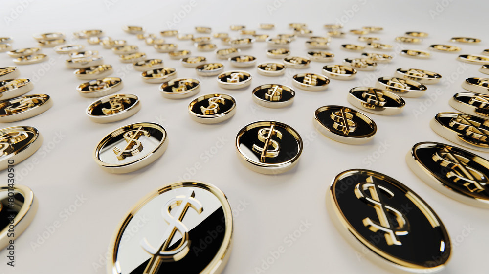 Impeccably detailed 3D coins shine on a white background, ideal for illustrating monetary concepts, investments, or financial services.