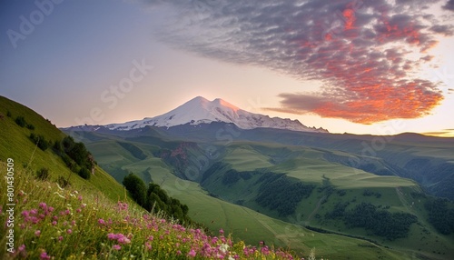 elbrus mount with pink clouds at sunrise view from gil su valley in north caucasus russia photo