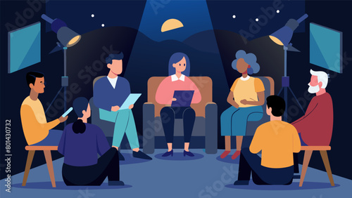 In the dimly lit room the voices of the documentarys interviews fill the space captivating the audience with tales of struggle and triumph.. Vector illustration