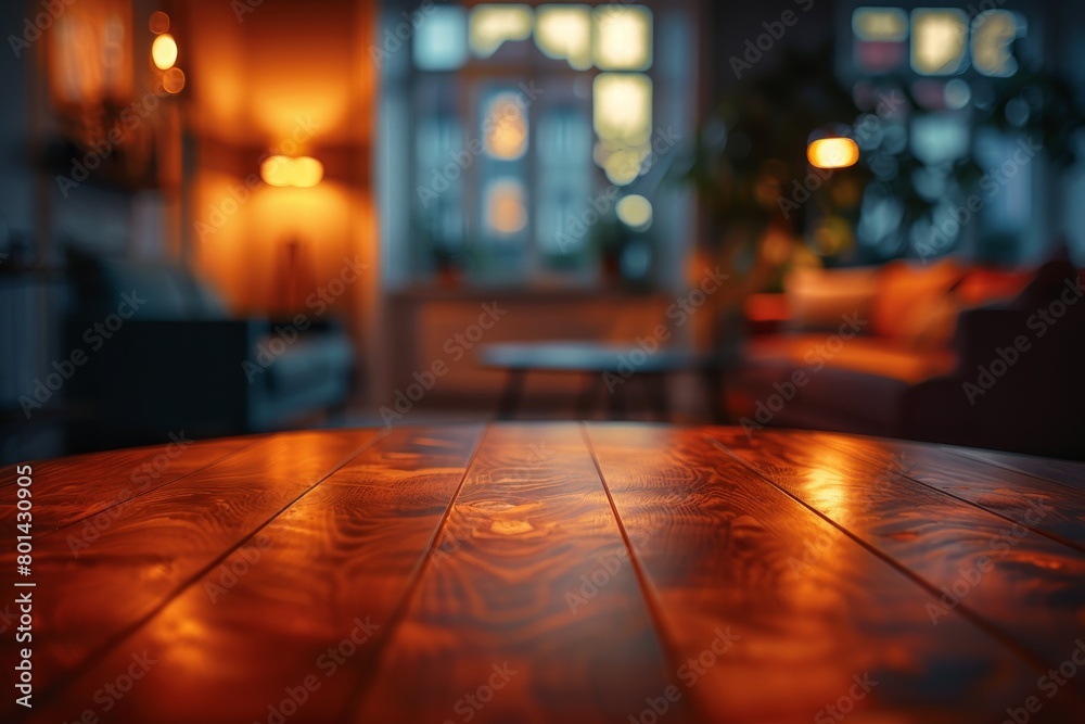 A wooden table with a lamp on it