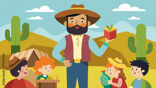 A storyteller at a farmers market enchanting the children with the legend of Pecos Bill and his wild adventures in the Wild West.. Vector illustration photo