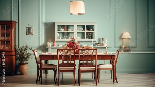 Vintage charm in a dining room with wooden table and mint color wall