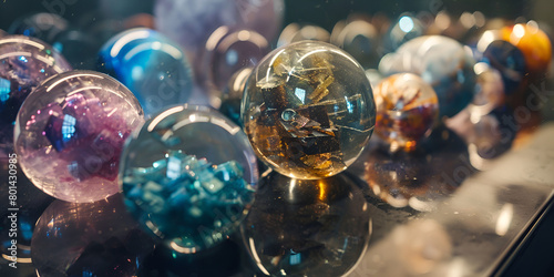 Colorful glass balls lined up on a table, adding a vibrant touch to the decor. photo